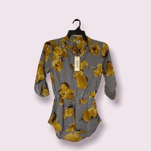 Pin Stripped Blouse with Gold Floral Design